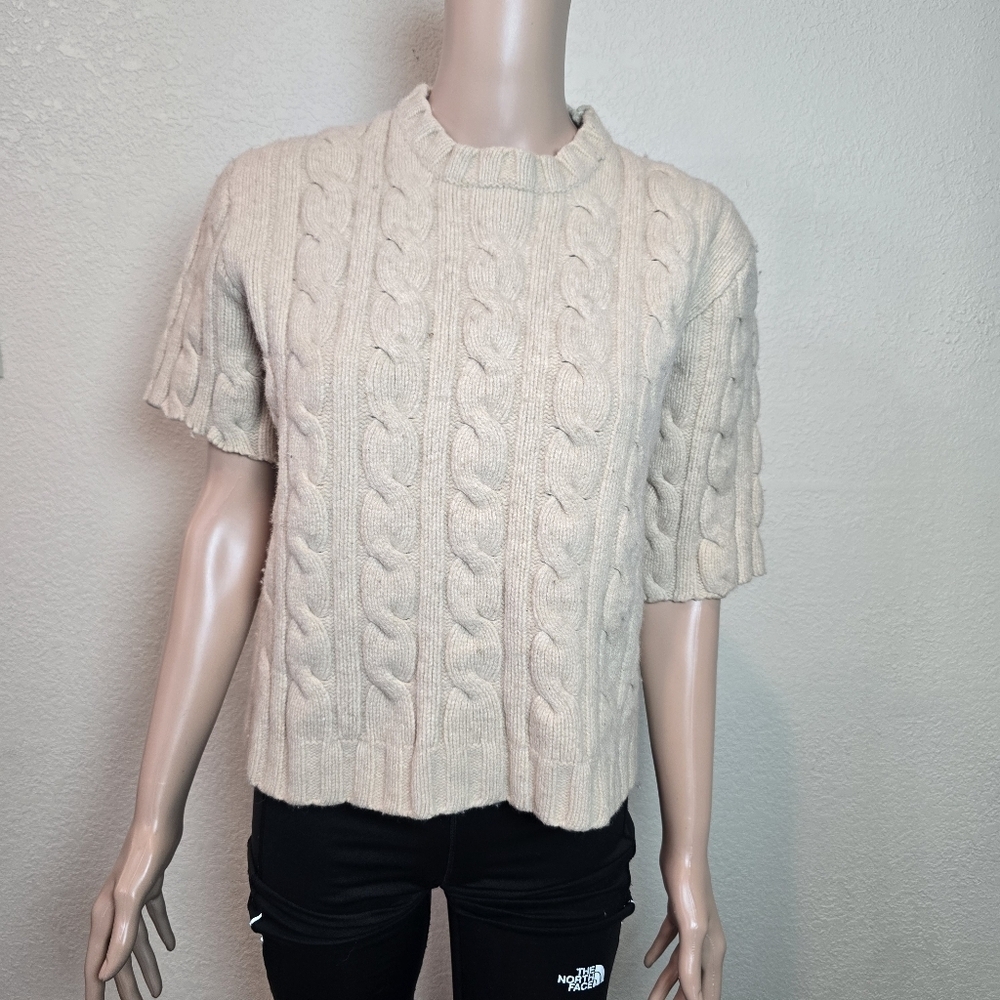J Crew Womens Large Sweater Cable Knit Short Sleeve Beige 100% Wool